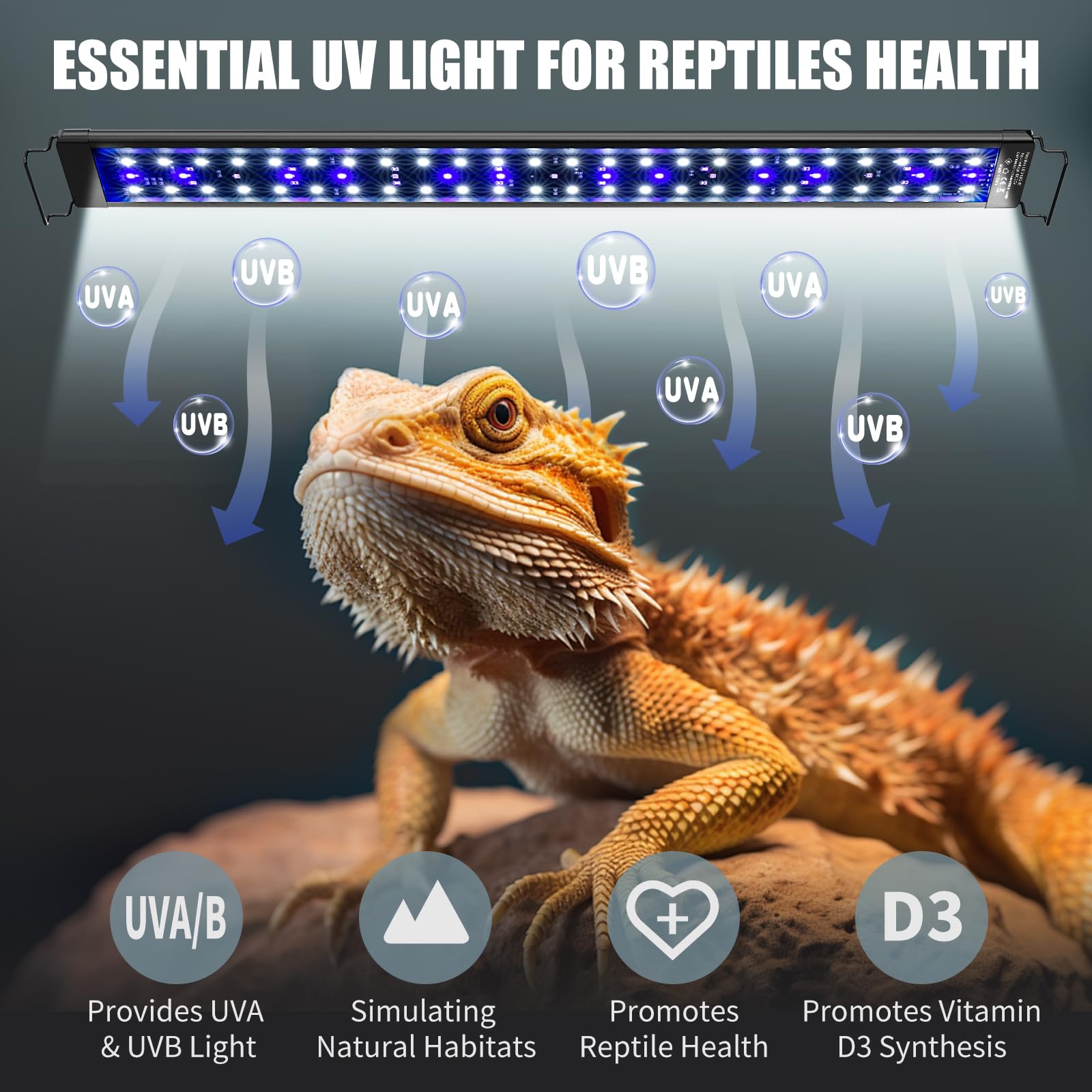 Luz LED UVA UVB de 18 pulgadas para reptiles con controlador, luz de reptil UVA y UVB de espectro completo con temporizador automático de ciclo de 24 horas y 10 regulables para dragones