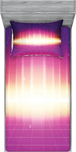 Ambesonne Rave Fitted Sheet & Pillow Sham Set, 80s Retro Sci-Fi Background Retro Futuristic Synth Sound Wave Lines Checkered Squares, Decorative