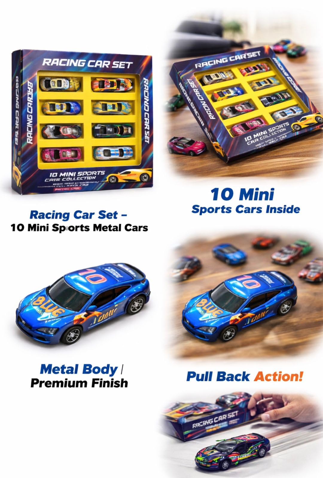Cable World Set of 10 Mini Racing Metal Die Cast Car Set | Khilona Metal Car for Kids | Pull Back Vehicles | Best Birthday Gift, Return Gift, Diwali Gift for Boys and Girls (Multi Color & Design) — Amazon image 4