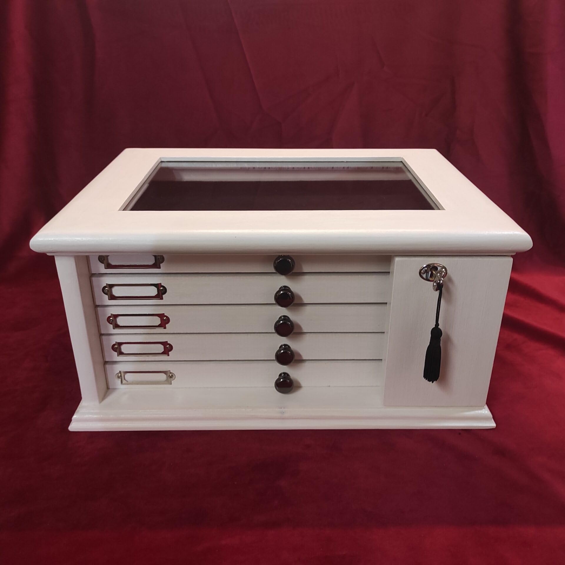 Monetario de Madera con 5 cajones para Monedas y medallas, Interior de Terciopelo, pomos de latón, Personalizable con Grabado láser, Hecho a Mano en Italia