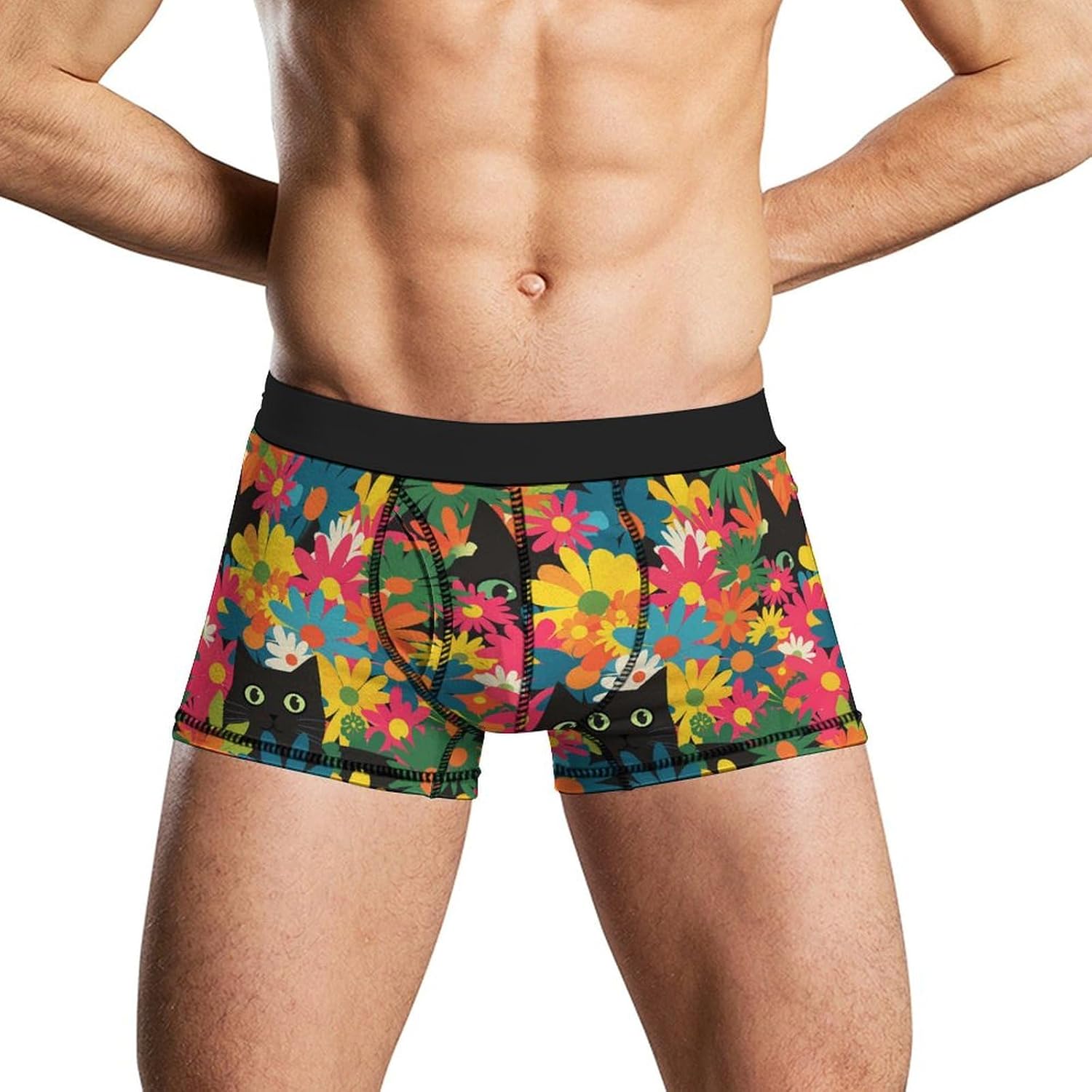 Black Cat Hiding in Spring Flowers Novelty Men's Trunks Soft Breathable Underwear Patterned Stretch Briefs
