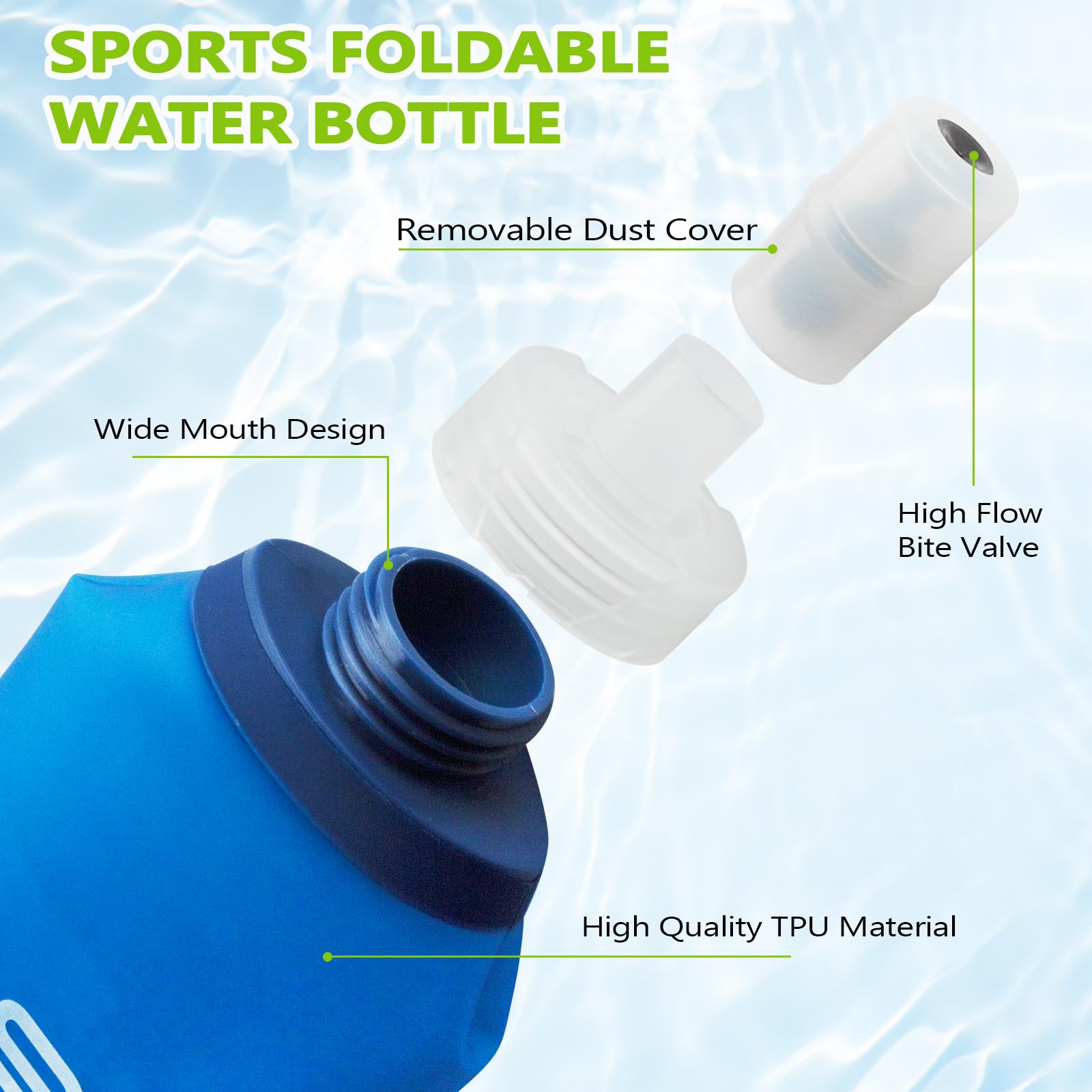 2 Pezzi Borraccia Morbida 500 ml, Soft Flask in TPU, Borraccia Pieghevole, Senza BPA, Bottiglia Pieghevole Riutilizzabile, per Running, Escursionismo, Campeggio e Alpinismo (Blu)