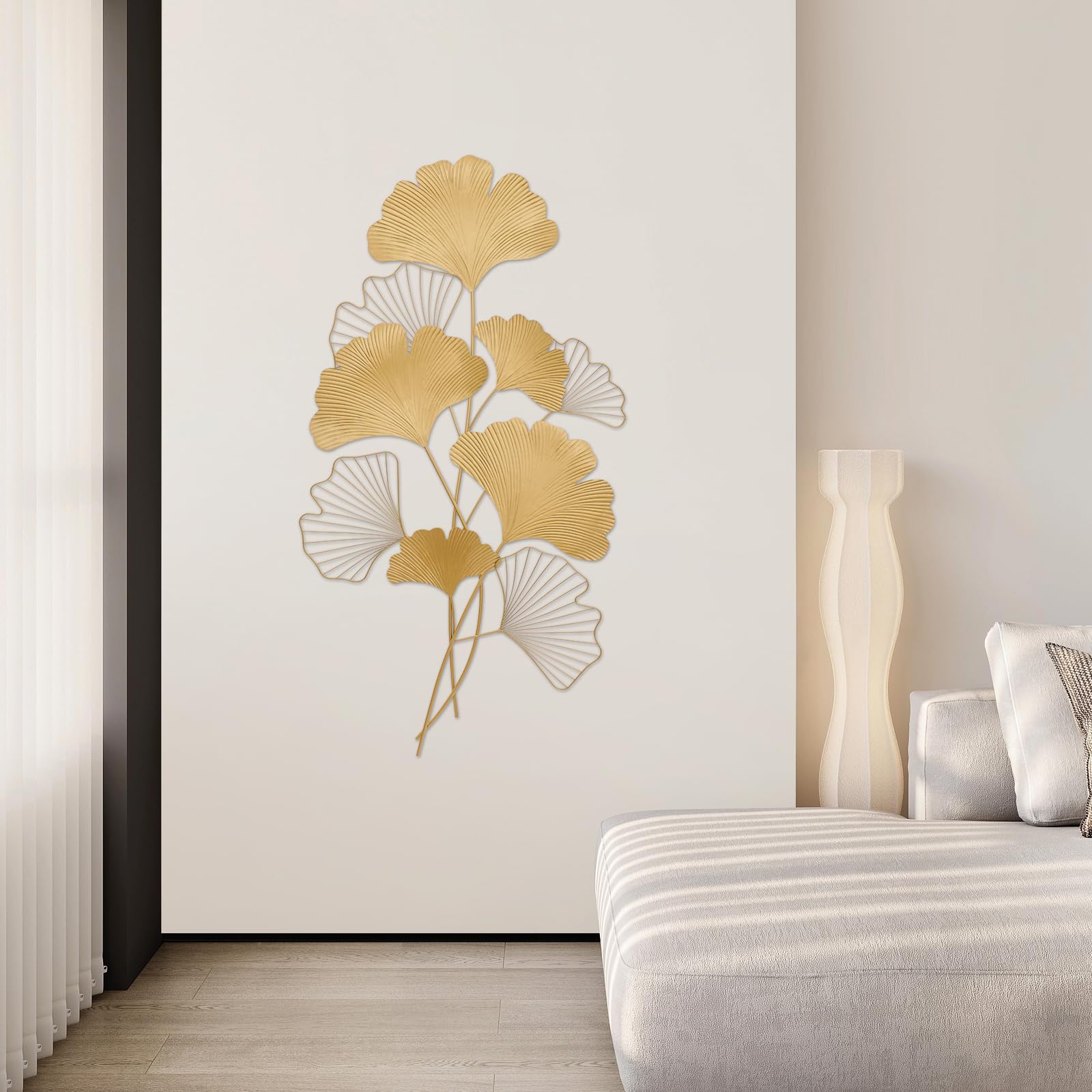 JDBDU Décoration murale en métal - Motif : feuilles de gingko - 3D - Doré - 109 x 55 cm - Sculptures murales - Pour salon, chambre, salle de bain, cuisine