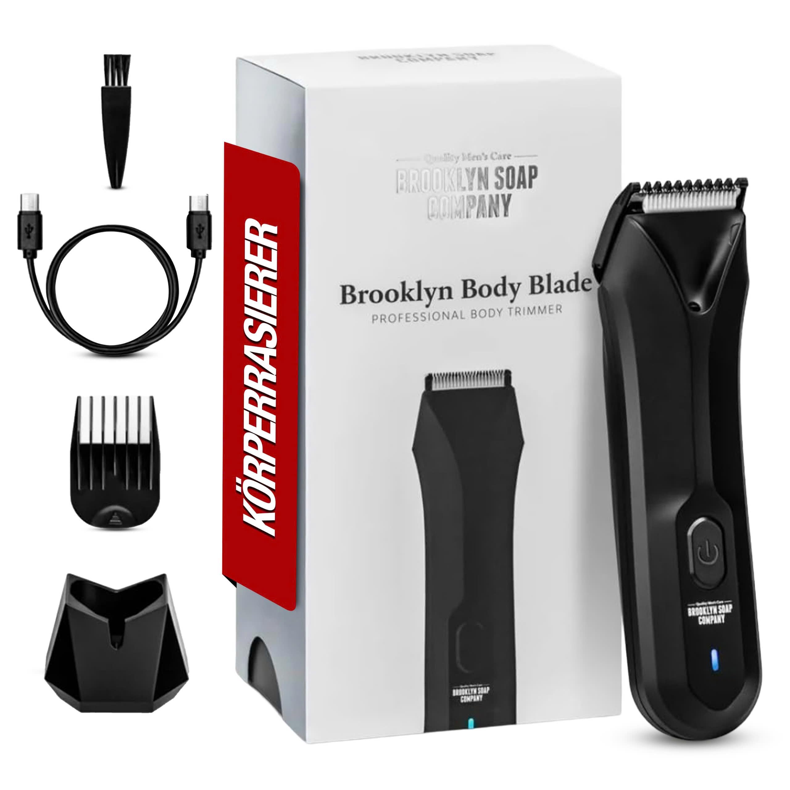 Brooklyn Soap Body Blade - Präziser Trimmer für Männer, sanfte L-Klinge für sensible Zonen, wasserdicht, LED-Spotlight, 90 Min Akku, 3 Kammaufsätze, USB-C-Ladestation