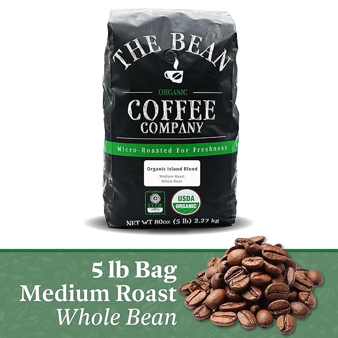 The Bean Organic Coffee Company Island Blend is a medium roast, whole bean coffee that comes in a 5-pound bag. This blend is a combination of coffees from various islands, resulting in a unique and flavorful taste profile. The medium roast brings out a balanced flavor with subtle hints of nuttiness and fruitiness.