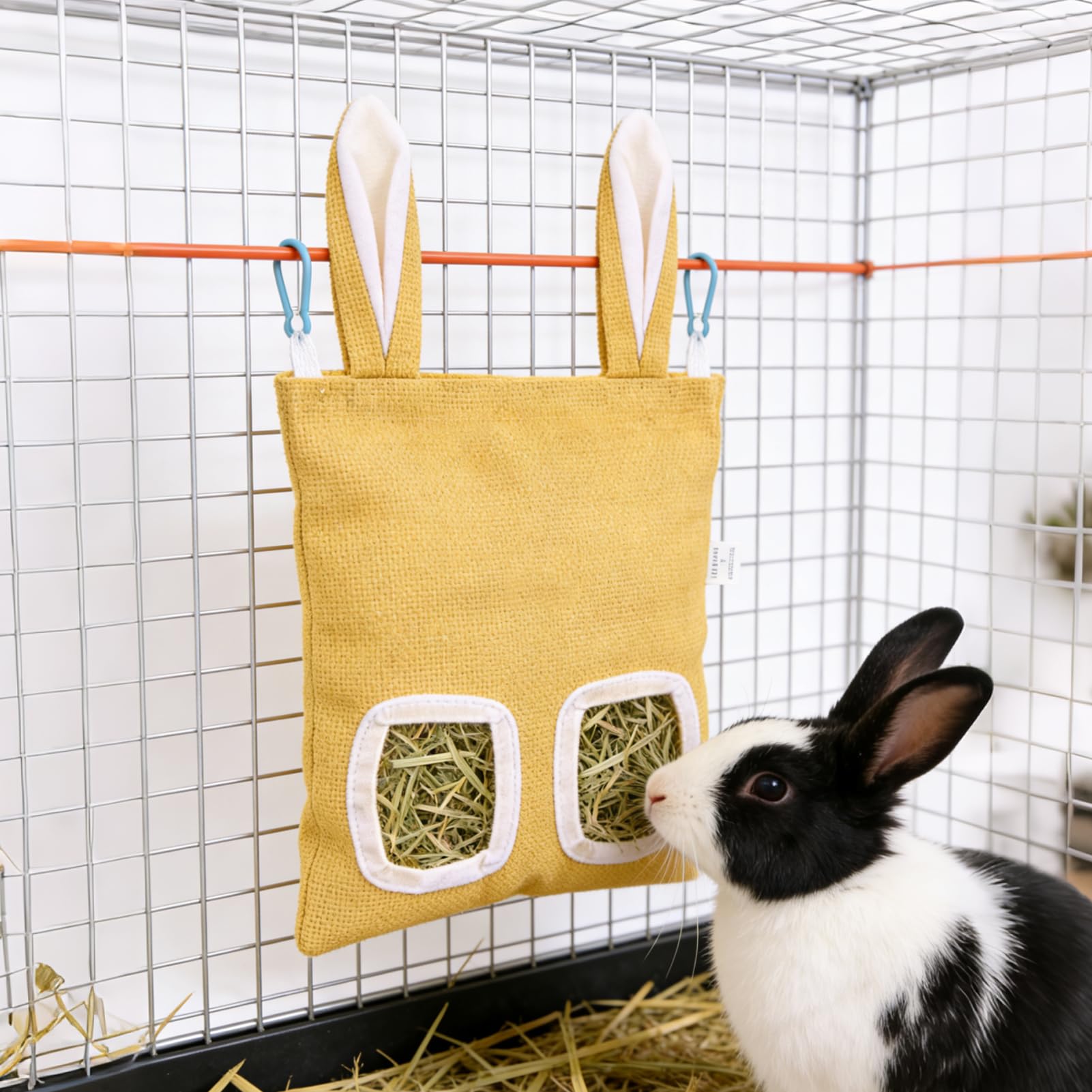 2 Pack Rabbit Guinea Pig Hay Feeder, Cute Bunny Hay Bag, Hanging Hay Holder for Guinea Pig Cage, Hay Feeder for Rabbits Chinchillas Hamsters Small Pets and Animals (Yellow & Blue) - image 5
