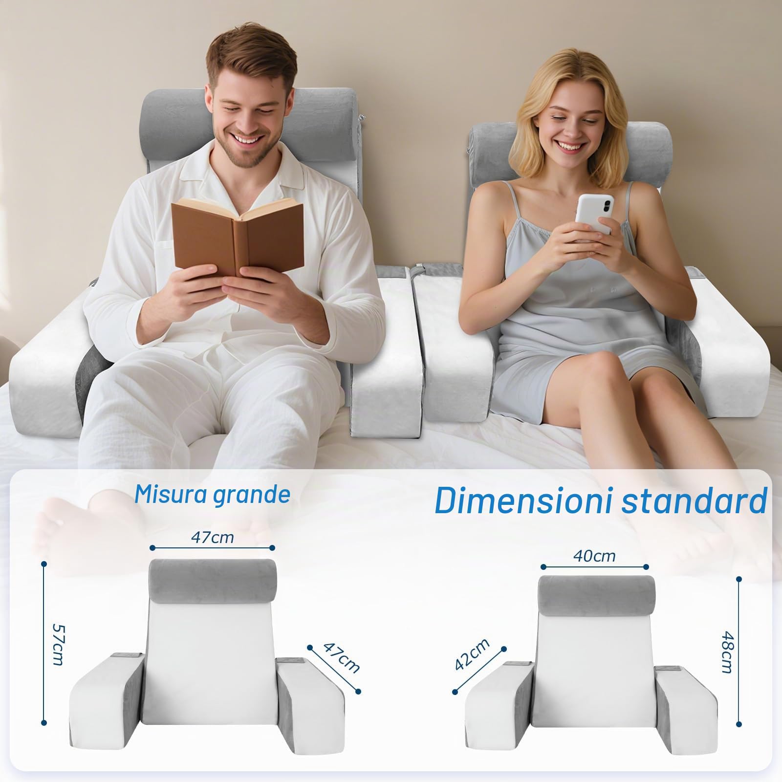 HOMCA Cuscino da Lettura per Letto e Divano con Cuscino per il Collo e Braccioli Rimovibile, Cuscini per Leggere/Rilassarsi/Guardare La TV, con Tasca e Fodera Lavabile (38x47x57cm)