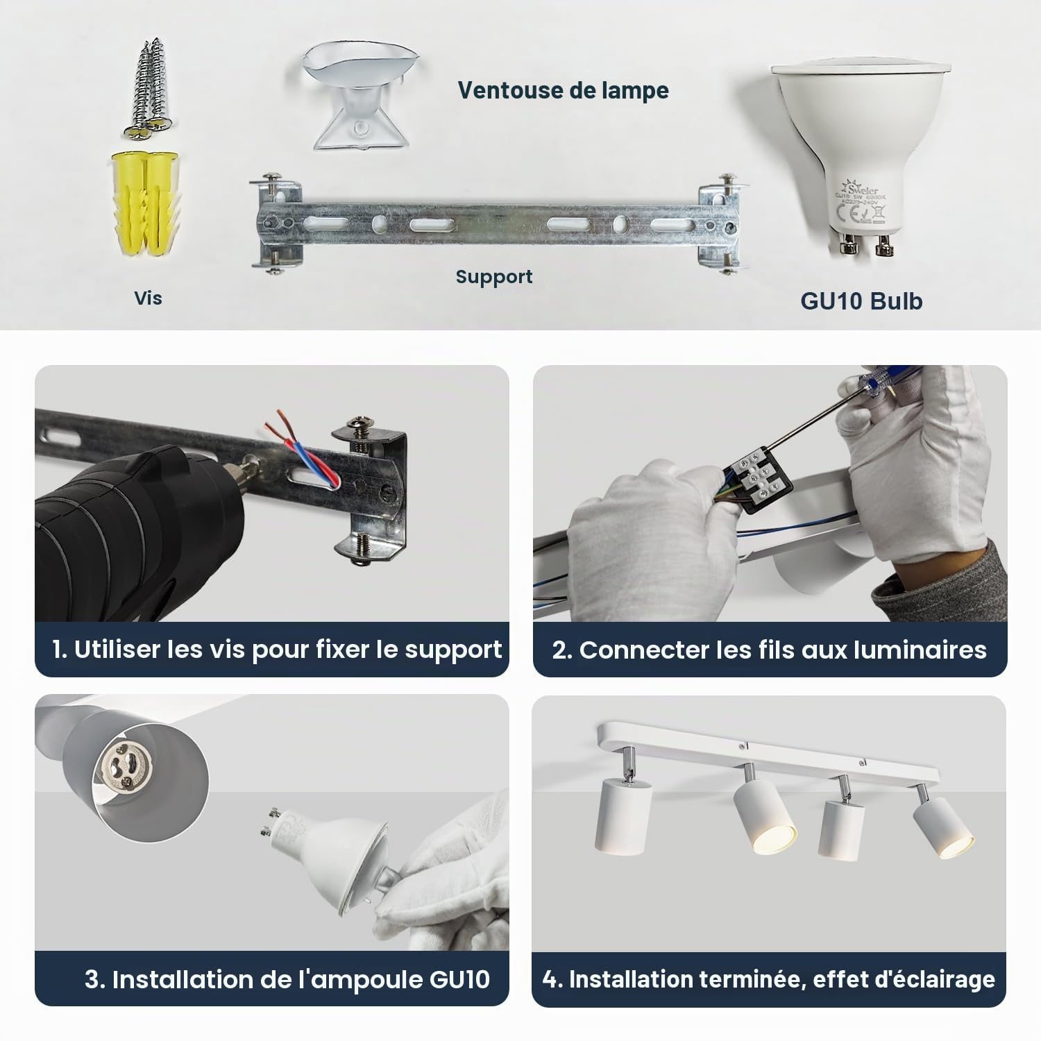Plafonnier 4 Spot, GU10 Plafond Spot Blanc Chaud 3000K 5W 430LM, Plafond Lampe Rotatif Peut être Monté au Plafond ou au mur, Lampe Spot à Angle Réglable