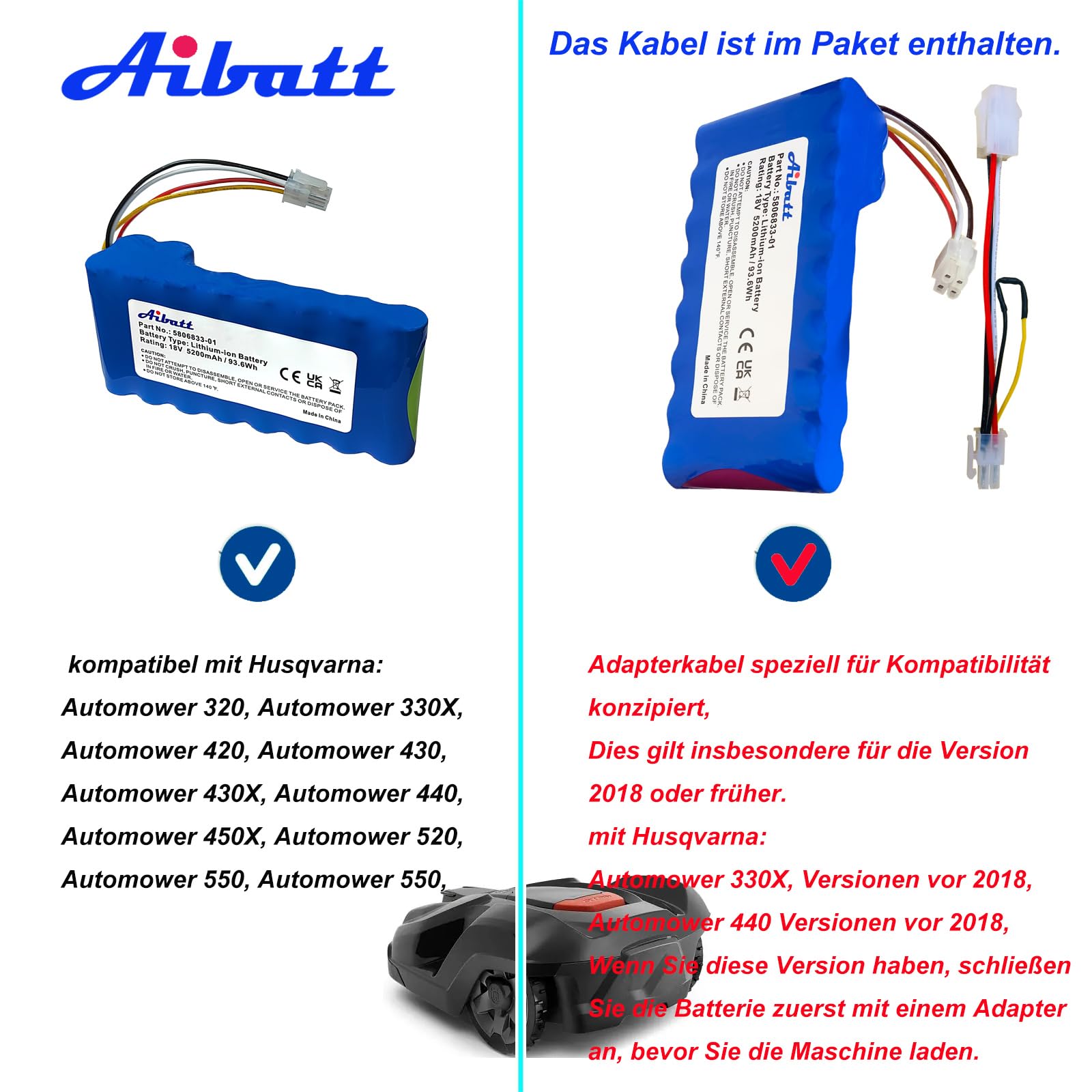 Batterie de Remplacement pour Robots de Tonte Husqvarna Automower 320,330X, 420,430,430X,450X,520,550,remplace Les Batteries 580 68 33-01,580 68 33-02 Lithium ION (Li-ION,5200mAh,18 V)