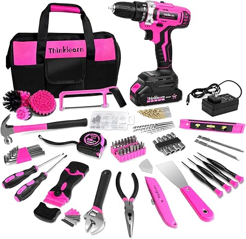 ThinkLearn Kit de herramientas con taladro inalámbrico de 20 V (265 pulgadas-libras), juego de taladro rosa para mujeres, kit de herramientas para