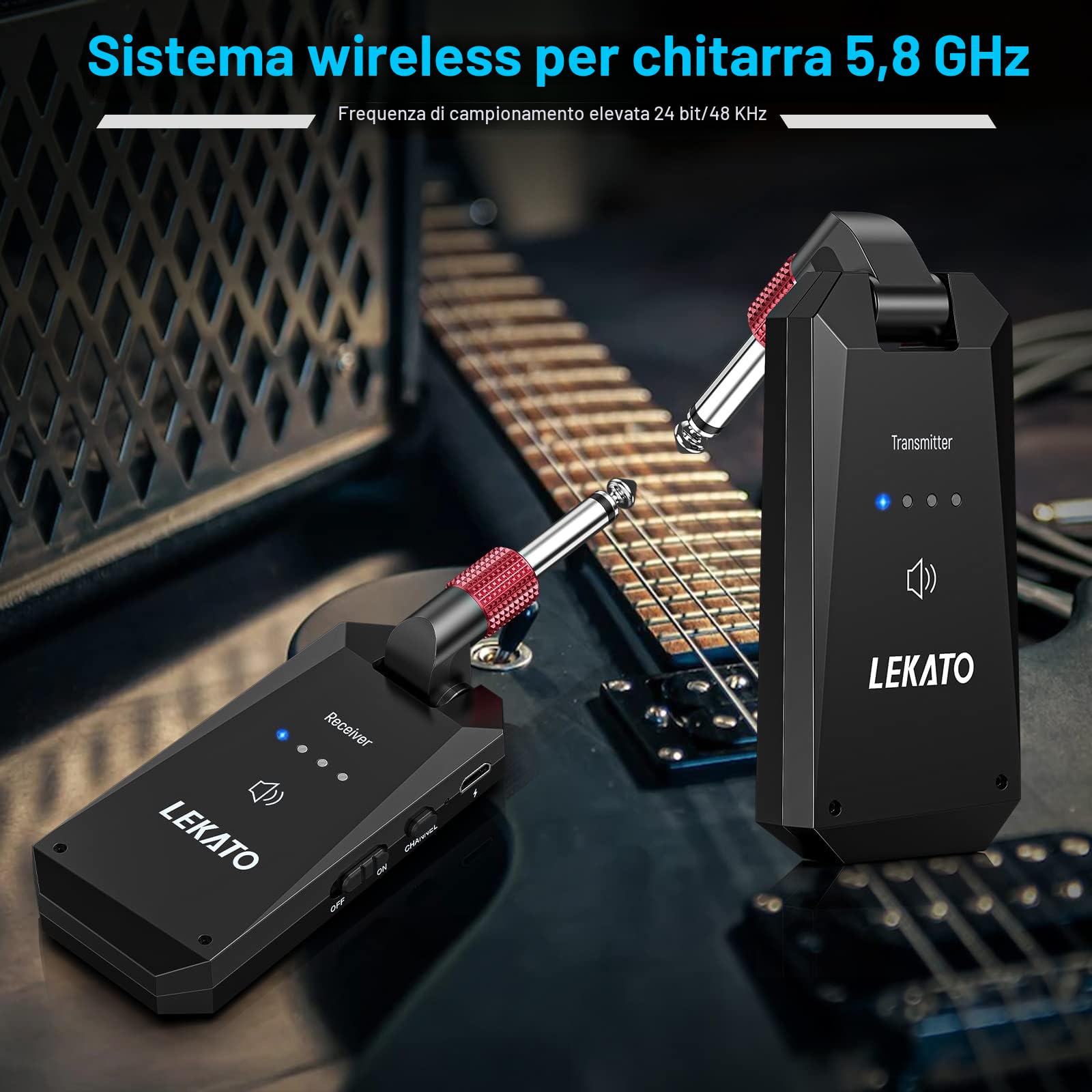 LEKATO Ricevitore Trasmettitore Wireless per Chitarra 5.8Ghz, Cavo Ricaricabile Digitale Con Forte Capacità Anti-Interferenza per Chitarre, Bassi