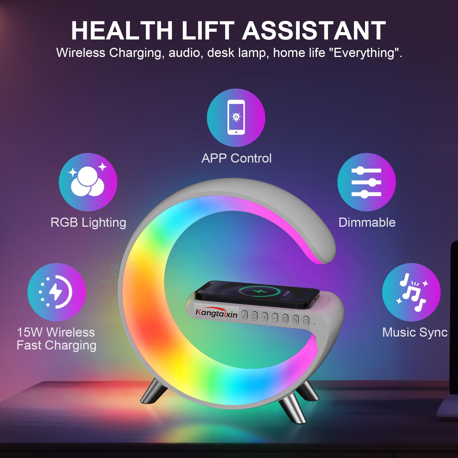 Kangtaixin Luce Notturna con Caricatore Wireless, G Stile - Lampada da Tavolo da Letto, Controllo APP Smart RGB Colore Cambiando Luce Ambientale, Dimmerabile Lampada d'Atmosfera per Camera da Letto