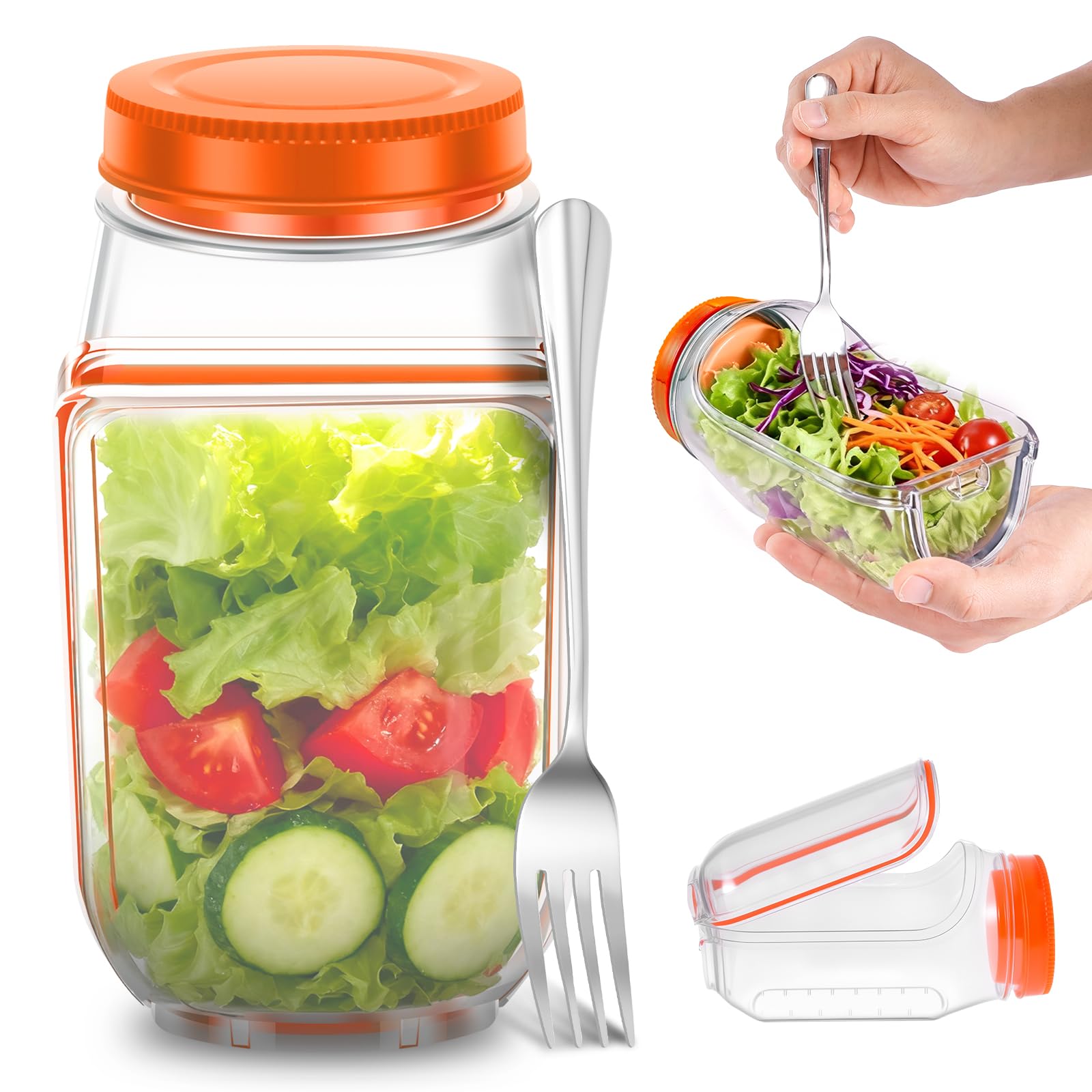 Salad Pod Container Vertical Layering Salad Pod Built-In Bowl Design Plastic Interval Salads Box with Leak Proof Sauce Dressing Case Dishwasher Safe Fresh Salads Storage for Lunch (Orage with Fork)