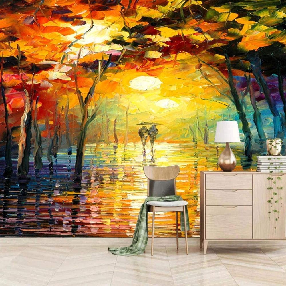 Arte Moderno 3D Mural Wallpaper, Vista Posterior De La Pareja En La Noche Lluviosa Murales De Pared 3D Espacio Grande Papel Tapiz Decoración Pinturas, Sala De Estar Tv Bar Ktv 350(ancho)x256(alto)cm