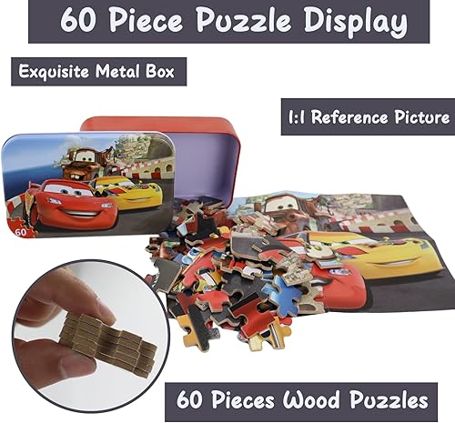Miniatura 4 de Rompecabezas de coche en una caja de metal, 60 piezas Lightning McQueen, rompecabezas para niños de 4 a 8 años, rompecabezas educativos de
