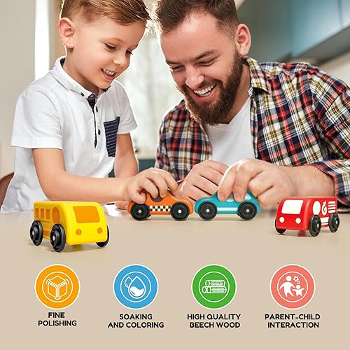 Miniatura 5 de Wanborns Juego de juguetes de madera para niños pequeños, camiones Push and Go First Play para bebés de 18 meses y 2 años, 6 piezas de mini