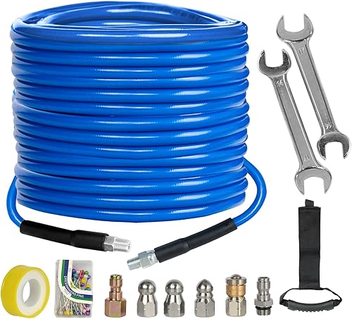 Xiny Tool Sewer Jetter Kit for Pressure Washer 100FT, 4000 PSI Drain Cleaner Hose 1/4 Inch NPT, Corner Rotating and Button Hose Sewer Jetting Nozzle Pearl Corsage Pin Tape Handle Strap Spanner, Blue