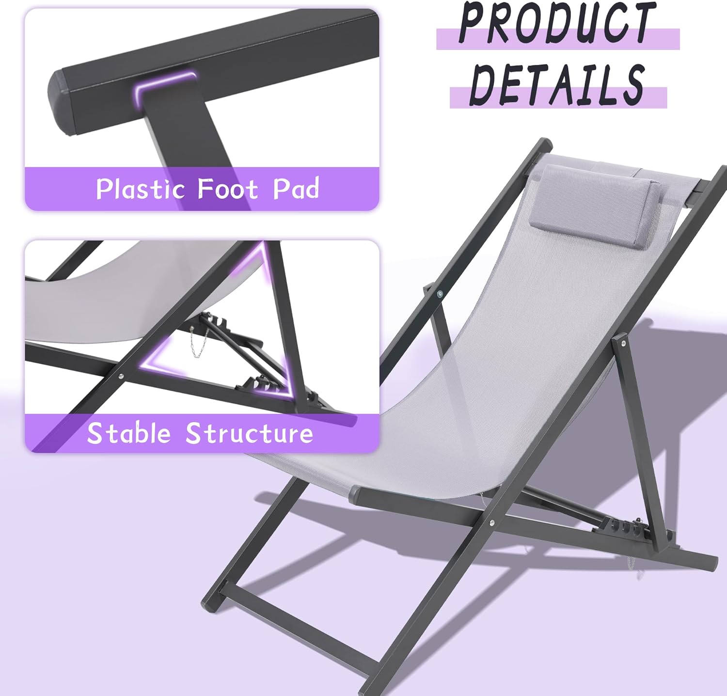 Product details of the KROFEM sling chair showing the plastic foot pad and stable structure.