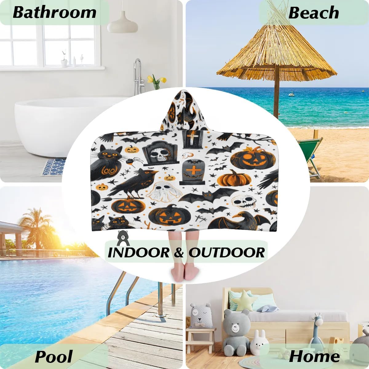 Pardick Grave Crow Pumpkin Kids Bath Towel Beach Towel with Hood Pool Cover Up for Girls Boys Soft Absorbent Hooded Bath Towel Toddler Towels for Beach, Pool