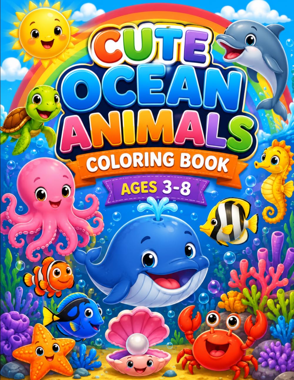 Cute Ocean Animals Coloring Book: Fun Ocean Animal Coloring Pages for Kids Ages 3-8