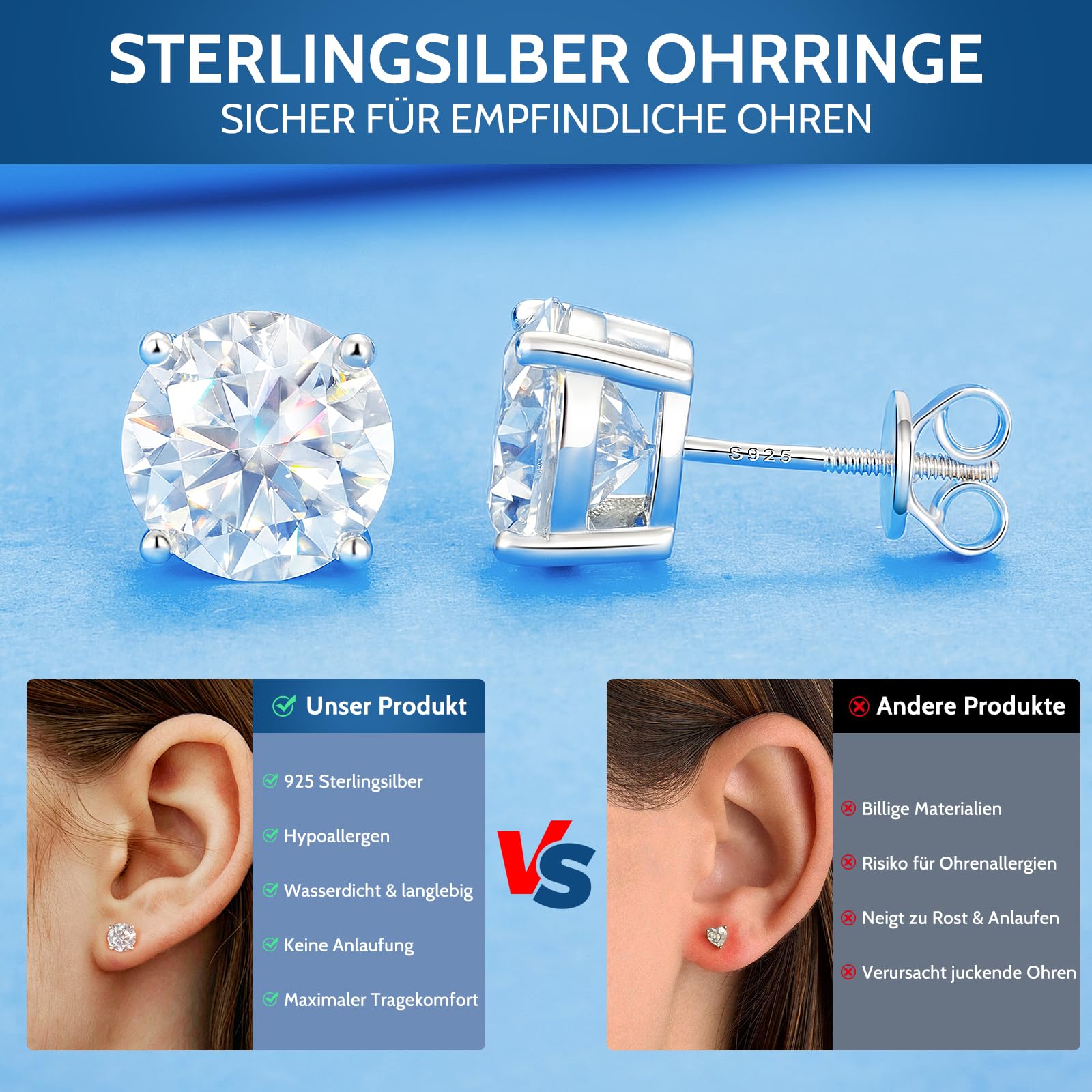 Moissanite Ohrringe Silber 925,Ohrstecker mit Anti-Verlust Schraubverschluss Hypoallergen Weißgold Beschichtet Geschenk für Frauen Mama Oma,3-6.5mm