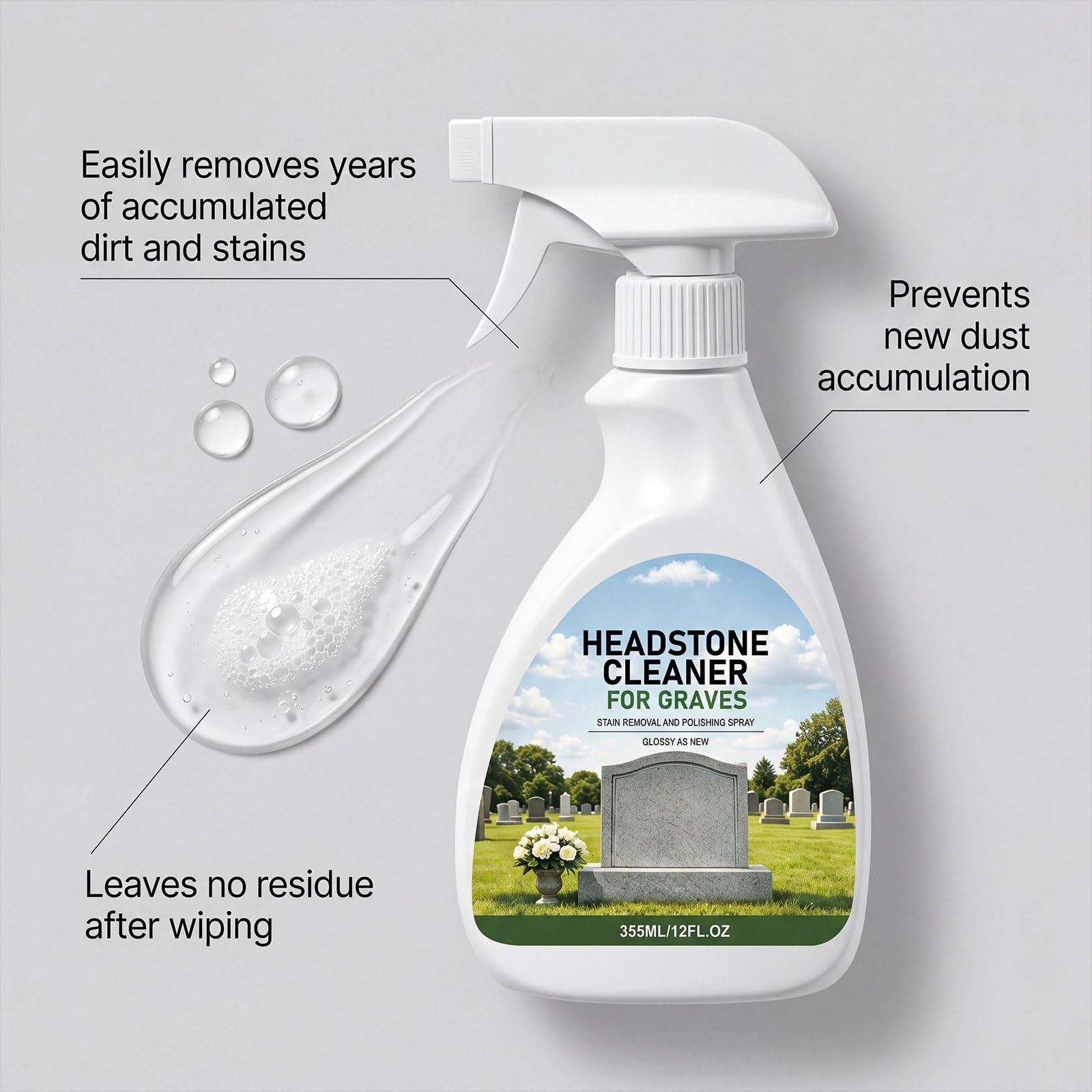 Spray limpiador de lápidas y tumbas para granito y mármol cementerio, juego de limpieza de lápidas y monumentos con paño y esponja, spray de limpieza y pulido para el cuidado (3 unidades)