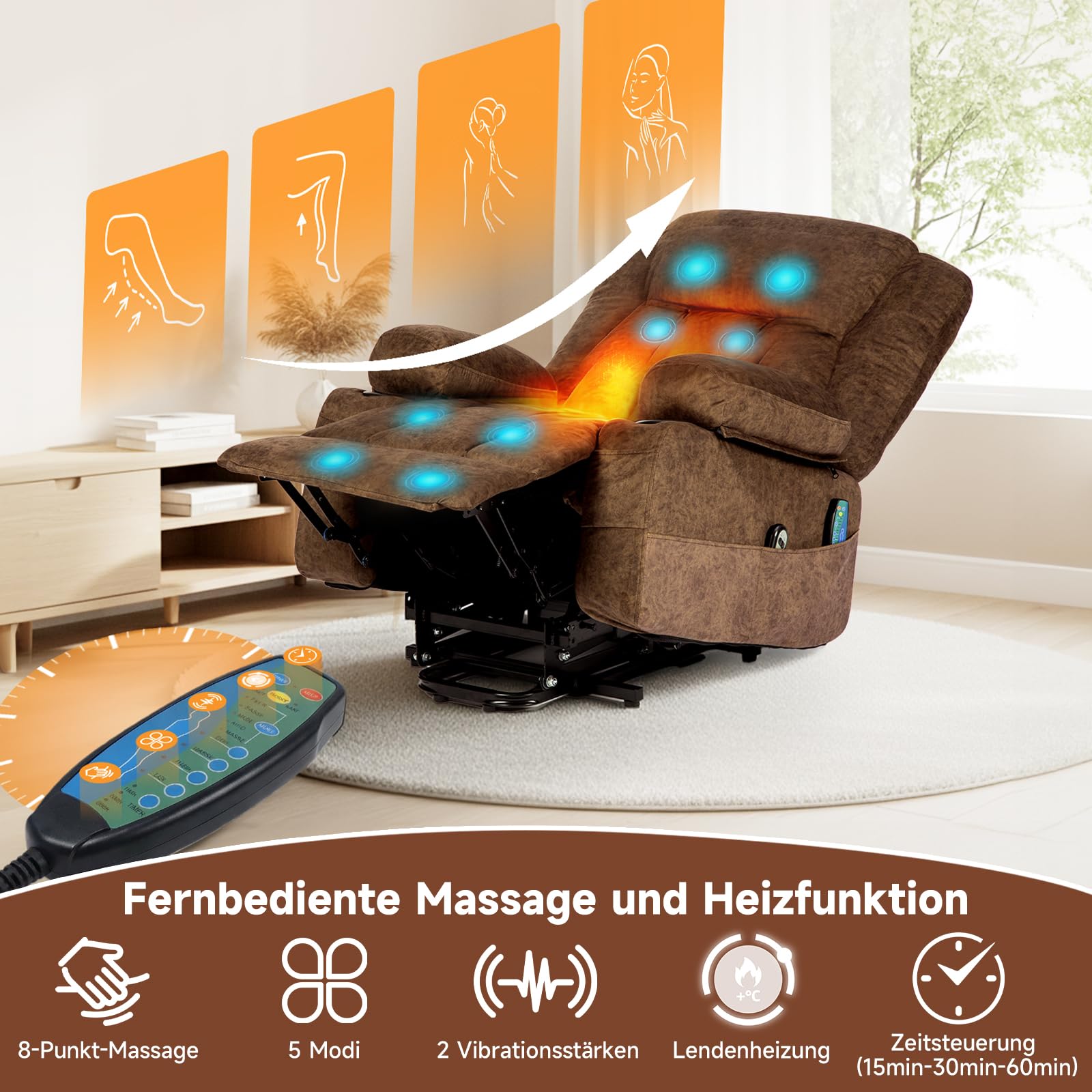 HAUSPROFI Fernsehsessel mit Aufstehhilfe Elektrisch,Massagesessel mit Wärmefunktion,Relaxsessel mit Liegefunktion,Samt Sessel Wohnzimmer mit Ablagefach, 2 Getränkehalter & 6 Seitentaschen
