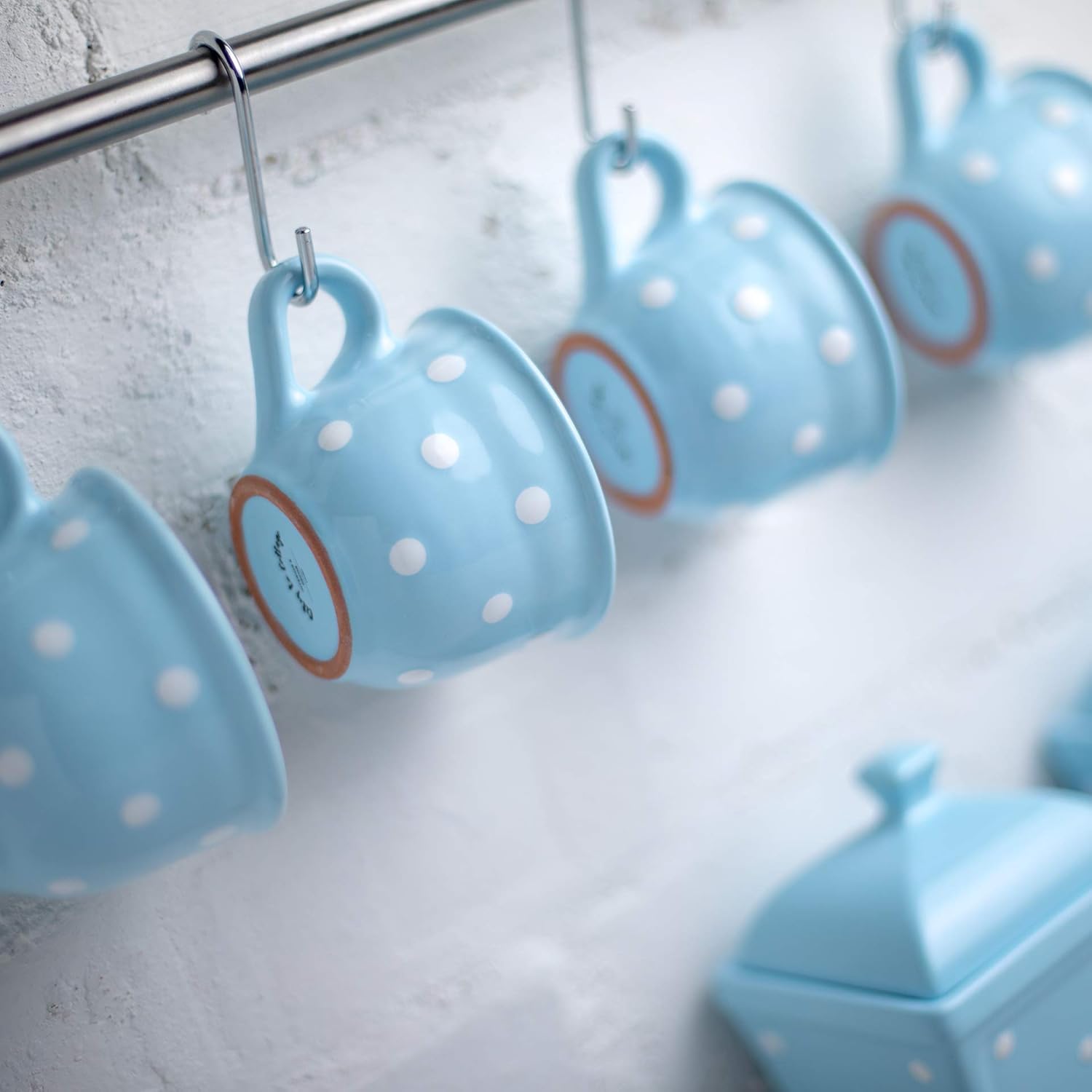 Get Special Price Handmade Light Sky Blue and White Polka Dot Ceramic 9oz/250ml | Cappuccino, Coffee, Tea Cup and Saucer, Unique Designer Pottery Gift for Tea Lovers by City to Cottage®