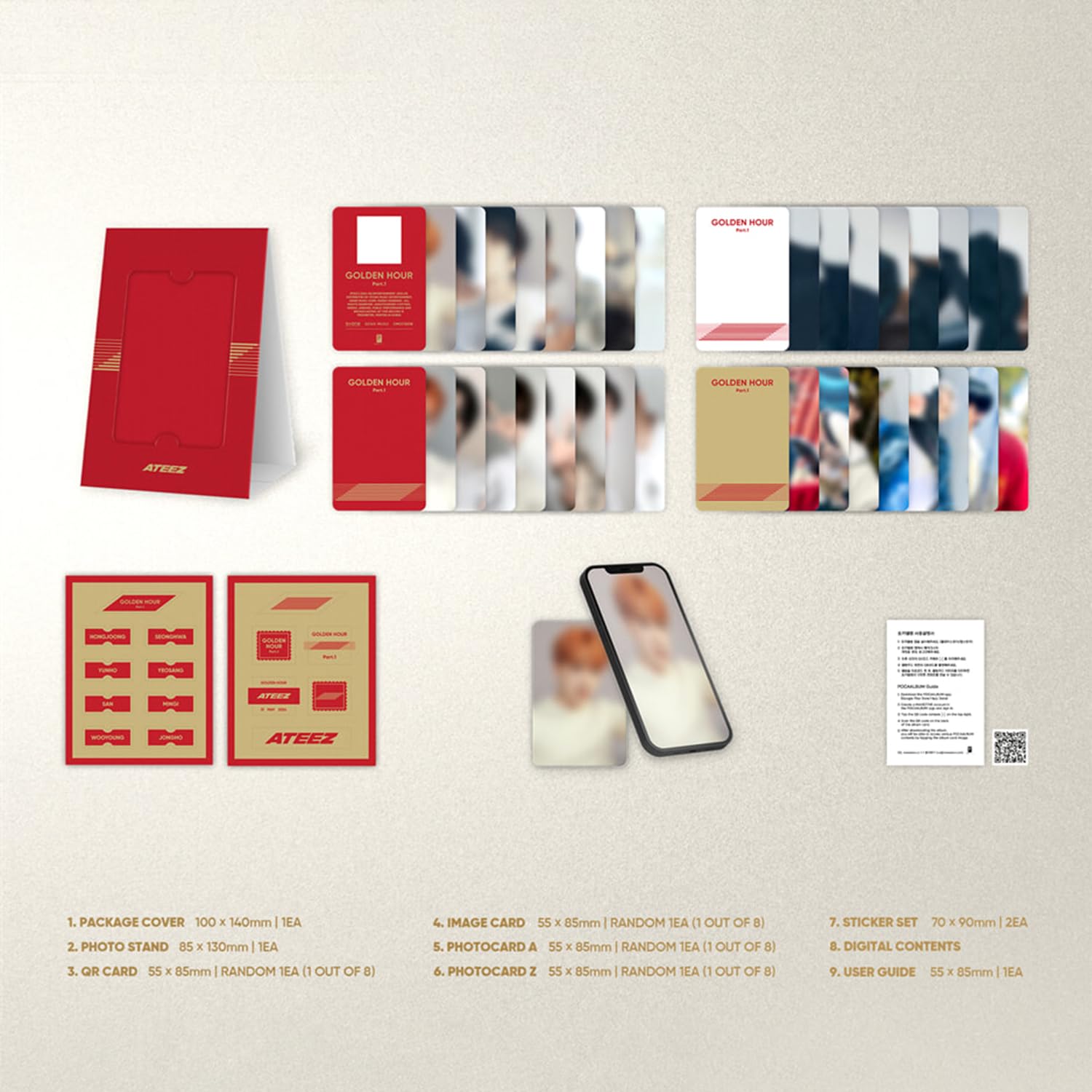 ATEEZ GOLDEN HOUR : Part.1 POCAALBUM Ver. Package Cover + Photo Stand + QR Card + Image Card + Photocard + Sticker Set + Digital Contents + User Guide + 2 Pin Badges + 4 Extra Photocards