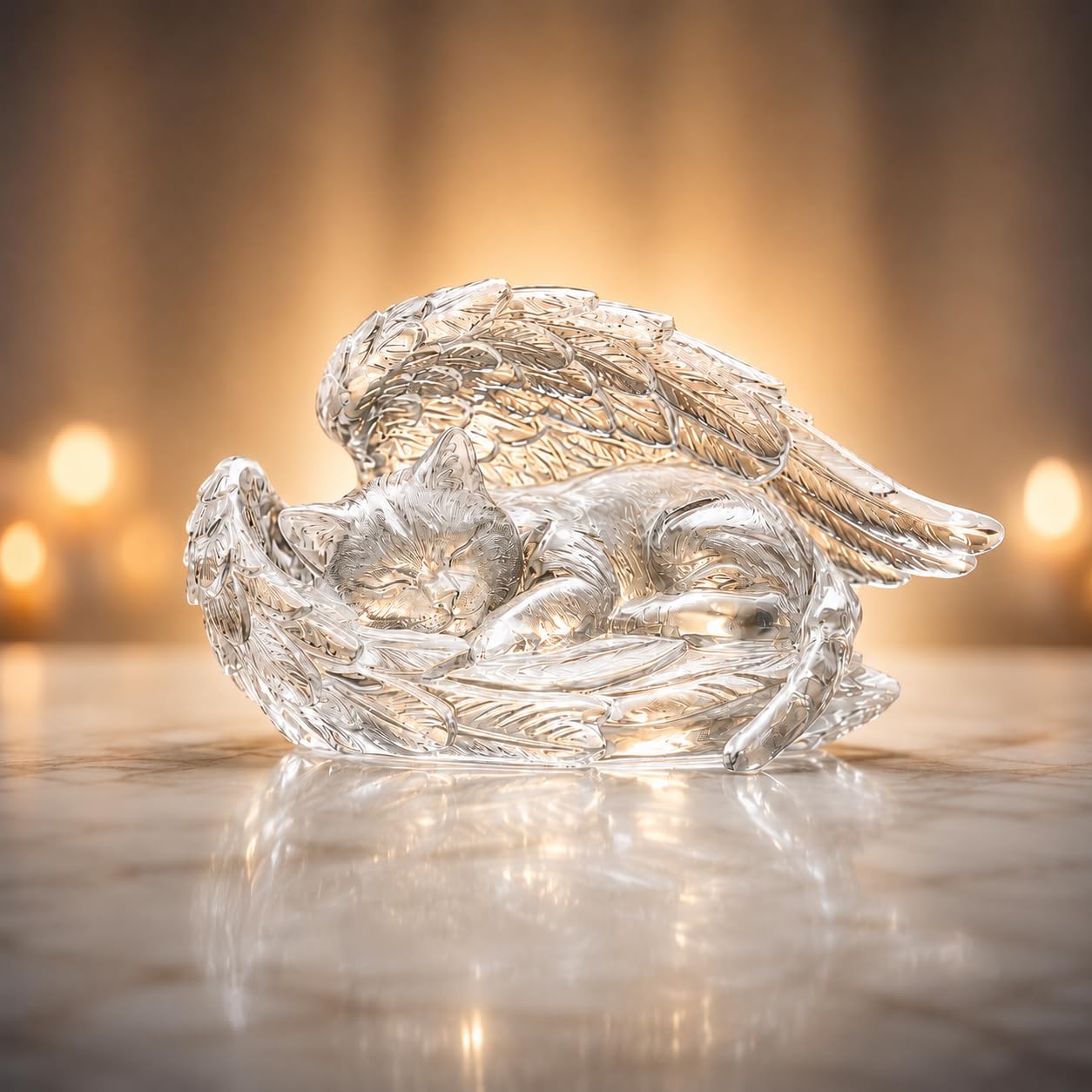 Personalized cat Memorial Gift, Transparent Resin Angel Wing cat Sculpture, can be Customized with Engraving and Date, as a Condolence Gift for a deceased pet, Indoor pet Memorial Statue.