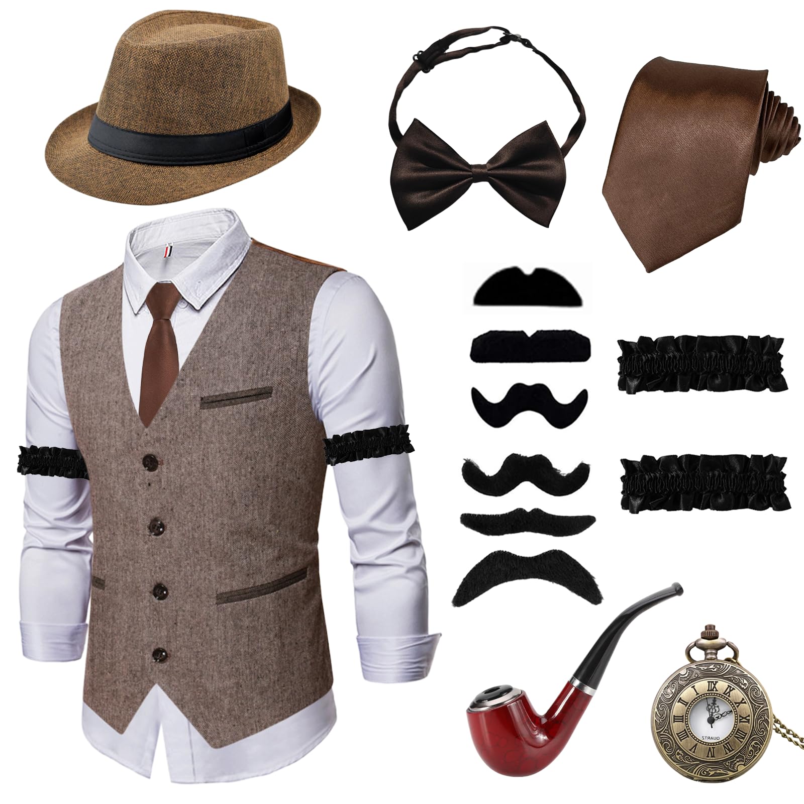 Xerteam Costume des années 20 pour homme, costume des années 20 pour homme, gangster, tenue des années 1920 avec chapeau, gilet marron, cravate, nœud papillon, montre de poche, 6 moustaches