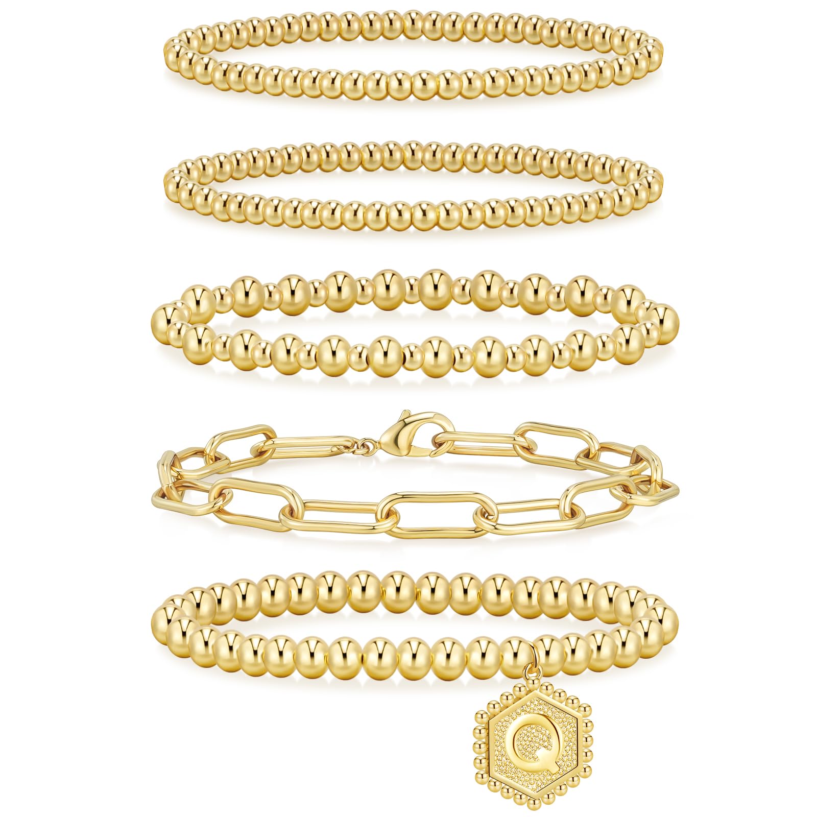 adoyi Gold Bracelets for Women Waterproof, 14K Gold Plated Beaded Strand Bead Ball Bracelets stack Adjustable Jewelry Set for Gifts: Gold-Q