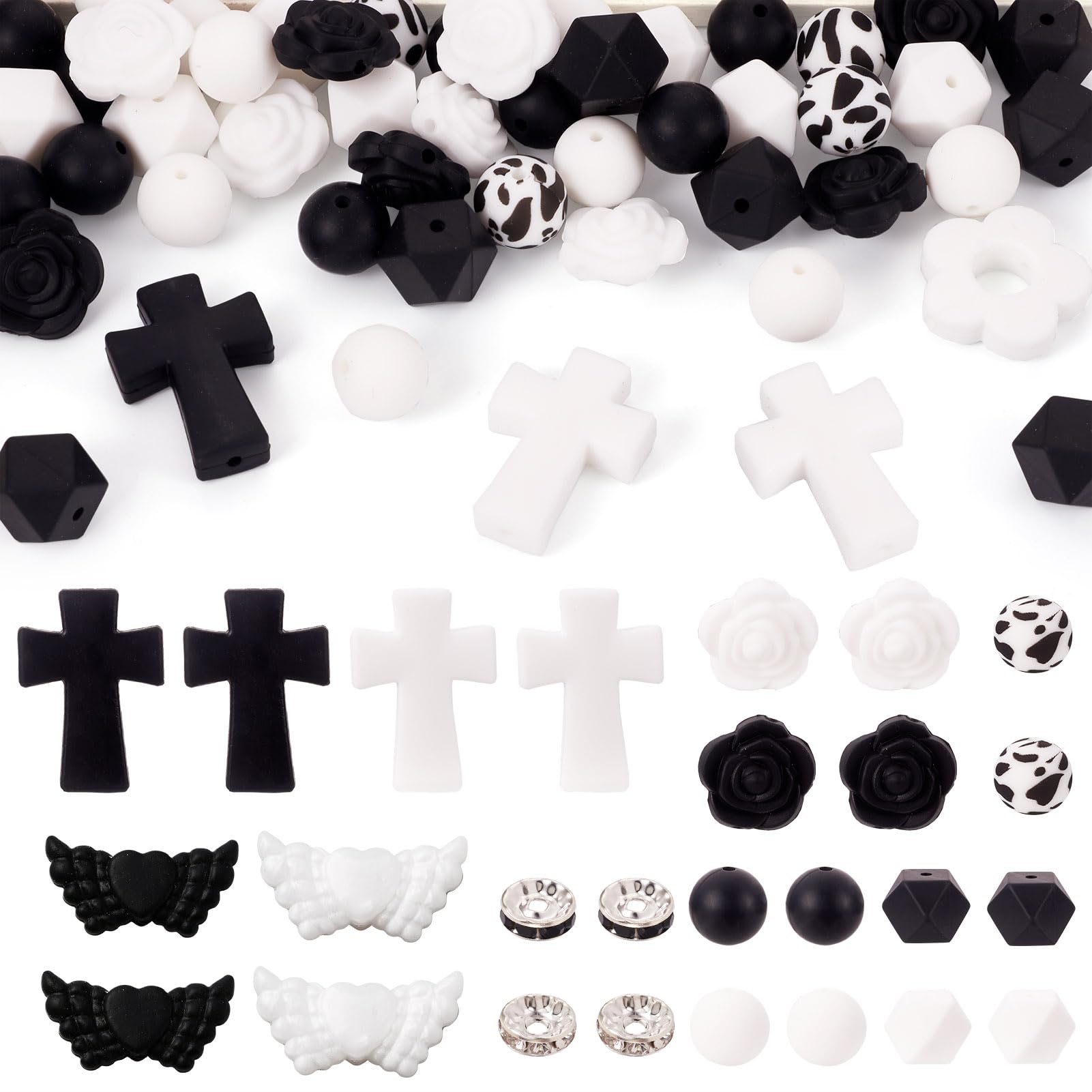 Cheriswelry DIY Cross Silicone Beads Set Round Octagon Silicone Focal Bead Flower Angle Wing Beads Glass Rhinestone Spacer Bead 10-35mm for DIY Keychain Beaded Pen Bracelet Making Bulk(101Pcs/Set)