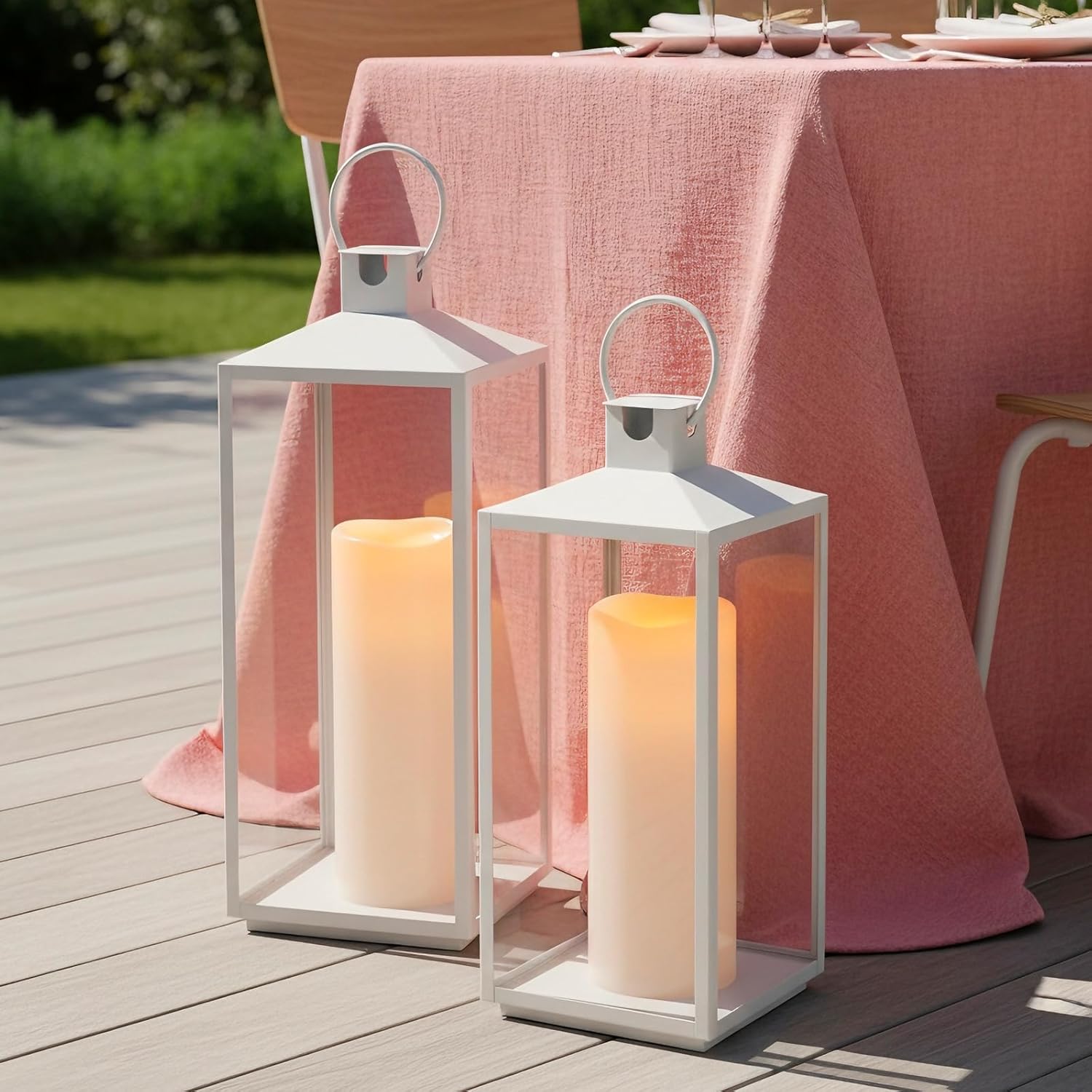 5" x 14" Large Waterproof Outdoor Flameless Candles Battery Operated LED Pillar Candles for Indoor Outdoor Lanterns, Off White, Long Lasting, Set of 2