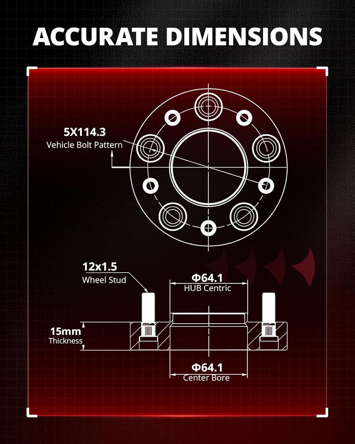 EVIL ENERGY 5x4.5 Wheel Spacers 15 mm Compatible with Honda Acura, 5x114.3 mm Hubcentric with Lip 5 Lugs 64.1 mm Hub Bore M12x1.5 Studs Wheel Spacer Black - Image 2