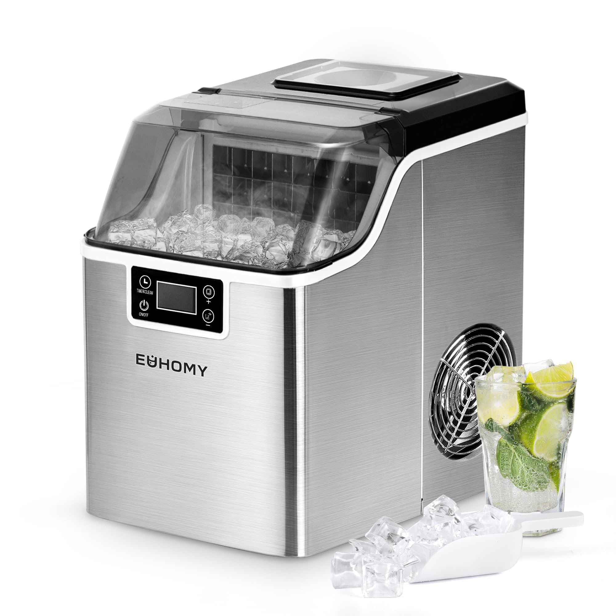 EUHOMY Macchina per cubetti di ghiaccio, 9 cubi in 6 minuti, macchina per il ghiaccio Bullet, 2 dimensioni cubi, in acciaio inox, per il piano di lavoro, 12 kg/giorno, per la casa, la cucina
