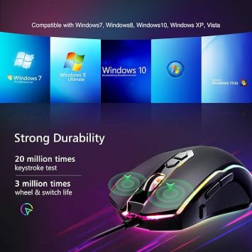 RGB Gaming Mouse Wired,Vollion PC Gaming Mice with 8 Programmable Buttons,Chroma RGB Backlit, 7200 DPI Adjustable,Comfortable Grip Ergonomic Optical Computer Gaming Mice with Shutton Button,Black