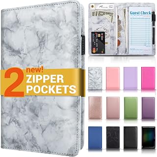 Server Book with 2 Zipper Pockets, Leather Server Books for Waitress, Waiter Book, Sturdy Waitress Book with Money Pocket and Zipper, Servers Book Waitress Accessories Fit Server Apron, Marble Grey