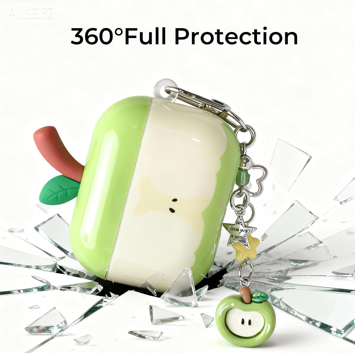 for Cute Green Apple Case Compatible with AirPods Pro 3rd Generation, Hard PC Shockproof Protective Cover with Keychain, Front LED Visible Kawaii Fashion Earbud Case for Women Girls