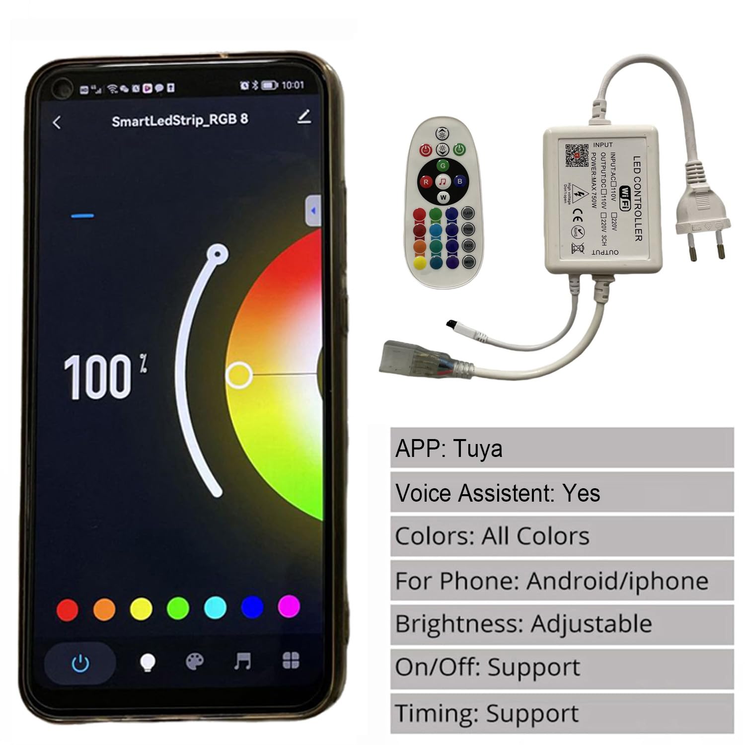 Tira LED RGB 30m controladas por WIFI, Tira de luces dimmable con telemando IR & alimentación 220V, 5050 SMD 60 LEDs/m, impermeable IP65, compatible con APP Tuya