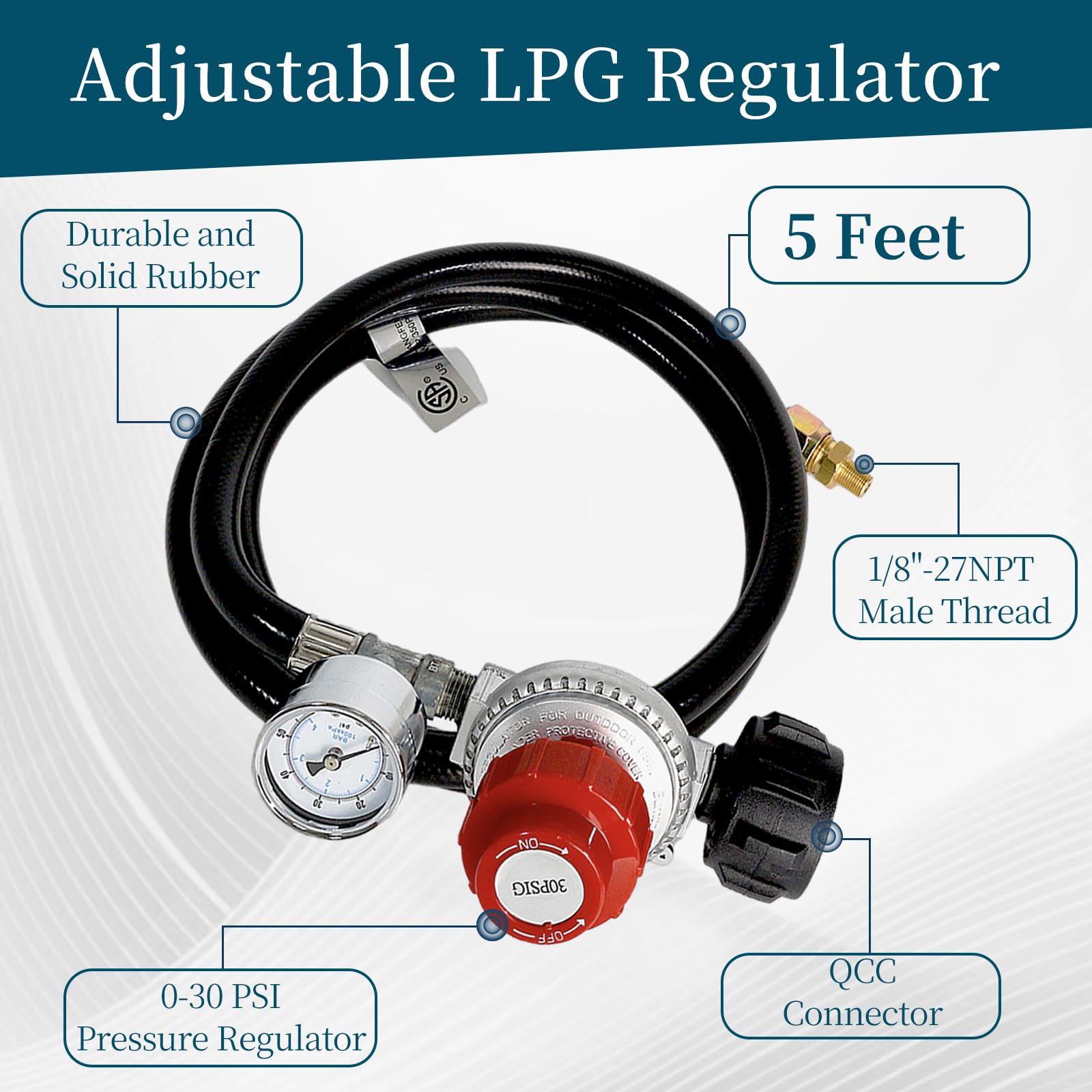 Regolatore di propano ad alta pressione da 1,5 m con manometro, uscita regolabile da 0 a 30 psi, tubo in PVC resistente, per friggitrici, bruciatori, affumicatori e cucina all'aperto