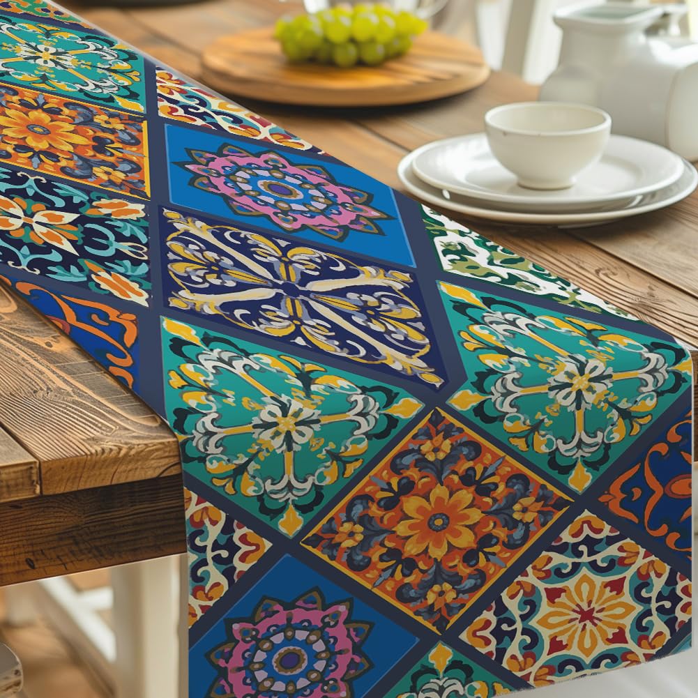 NBEADS Bohemia Table Runner, 33x183cm Polyester Vintage Farmhouse Table Runners Tartan Seasonal Kitchen Dining Table Decoration for Party Kitchen Dining Coffee Table Bedroom Indoor Outdoor