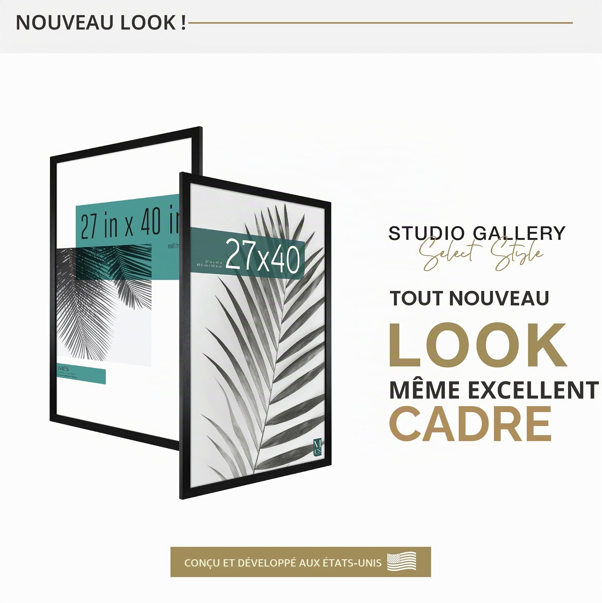 Cadre Poster de Cinéma MCS Studio Gallery 68,6 x 101,6 cm, Aspect Bois Noir, Bois MDF, Fixation Murale Verticale et Horizontale, Grand Cadre Photo pour Affiches de Films et Œuvres d'art (Lot de 1)