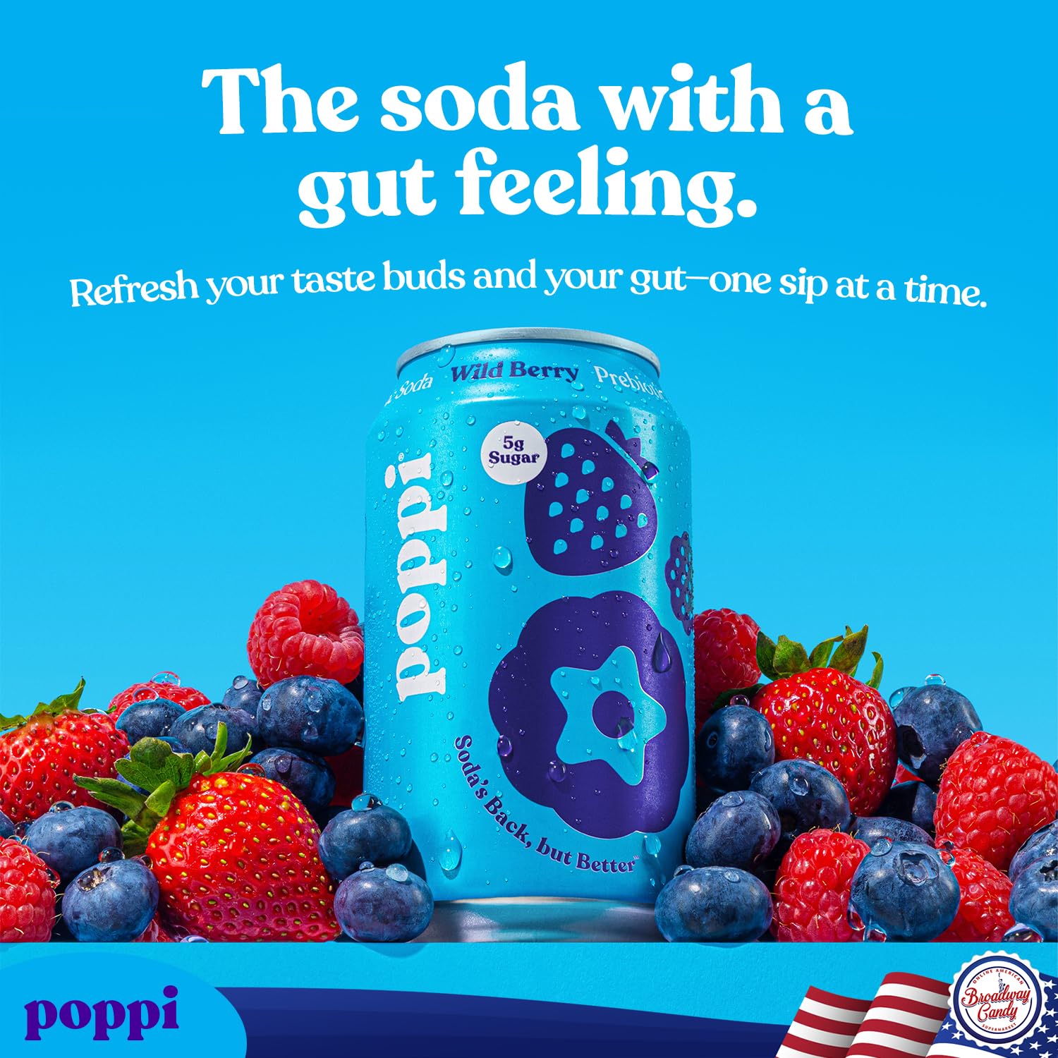 Broadway Candy Poppi Sparkling Prebiotic Soda (Pack of 6, Wild