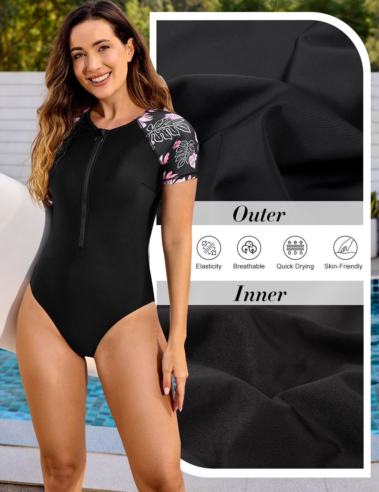 Tuopuda Strój kąpielowy damski reduktor jednoczęściowy z zamkiem z przodu, monokini z wkładkami, vintage nadruk, slim fit, do pływania i surfingu