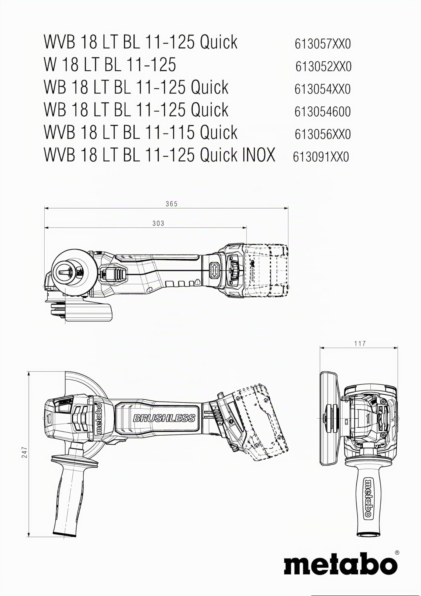metabo WVB 18 LT BL 11-125 Quick, Amoladora Angular a Batería 18V 125mm | Motor sin escobillas, sistema Quick para cambio de disco, velocidad ajustable, sin batería ni cargador, sistema CAS