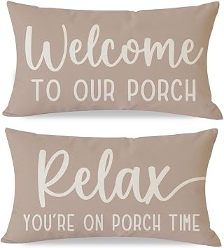 PANDICORN Decorative Throw Pillow Covers 12x20 Inch Set of 2 Welcome to Our Porch Relax Youre on Porch Patio Time Beige Outdoor Farmhouse Neutral Decorations Lumbar Cushion Cases for Sofa Couch Decor