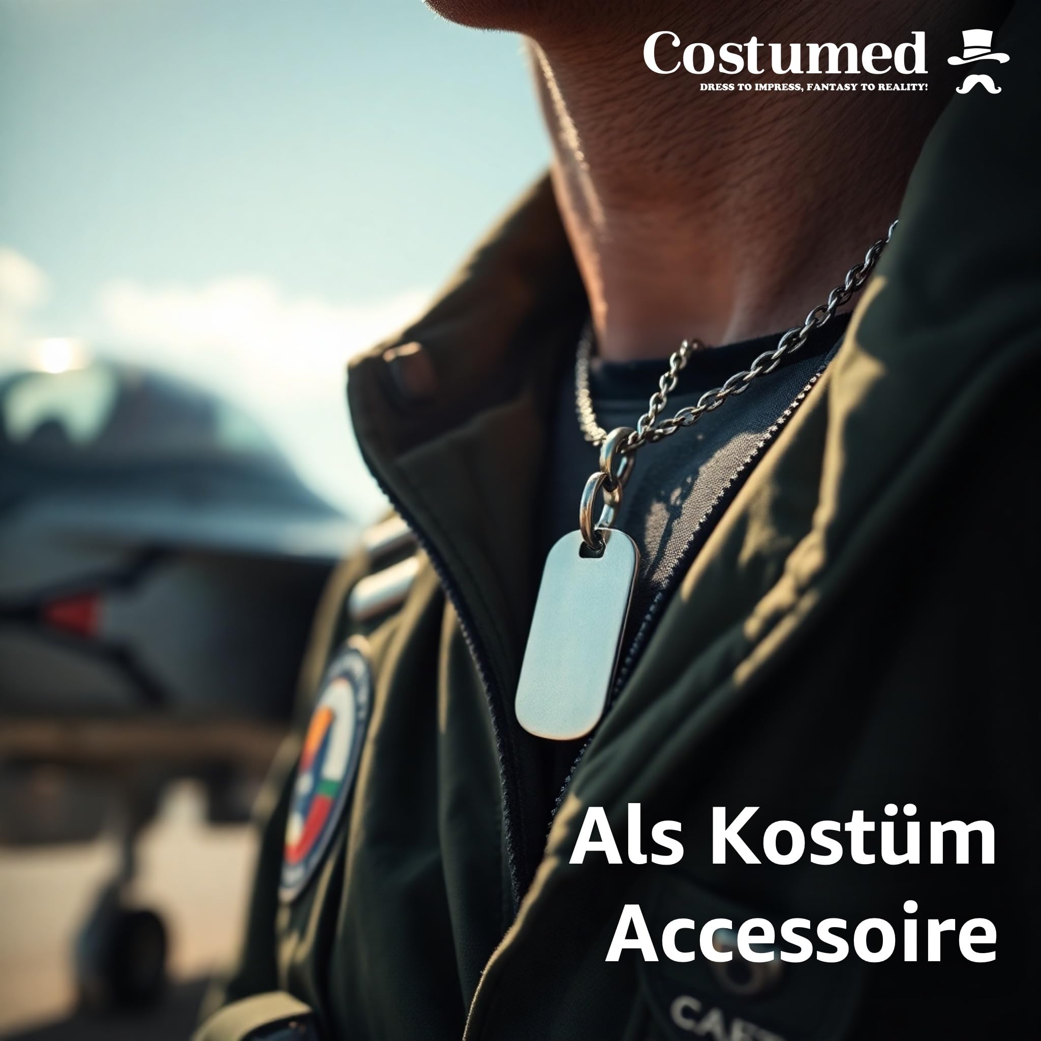 Costumed US Army Dog Tag - Nieśmiertelnik armii amerykańskiej srebrny, identyfikator dla psa - łańcuszek żołnierza jako dodatek na bal karnawałowy i faszyng