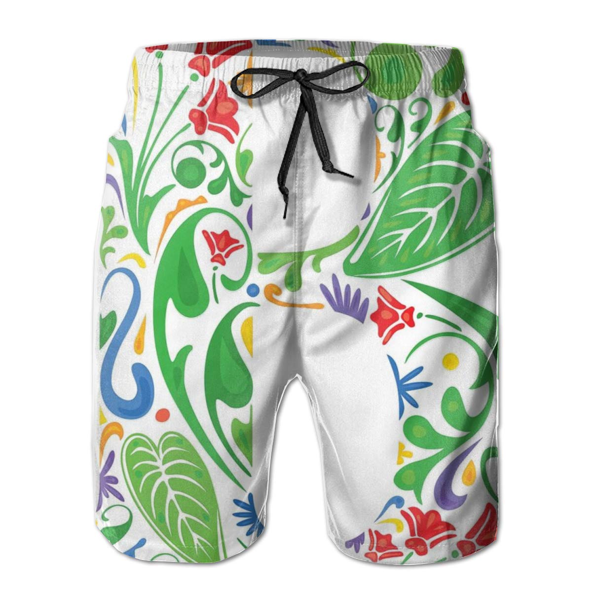 Men Swim Trunks Beach Shorts,Capital with Spring Herbs Flowers Petalseaves Nature Harvest Swirls Vivid Image XL
