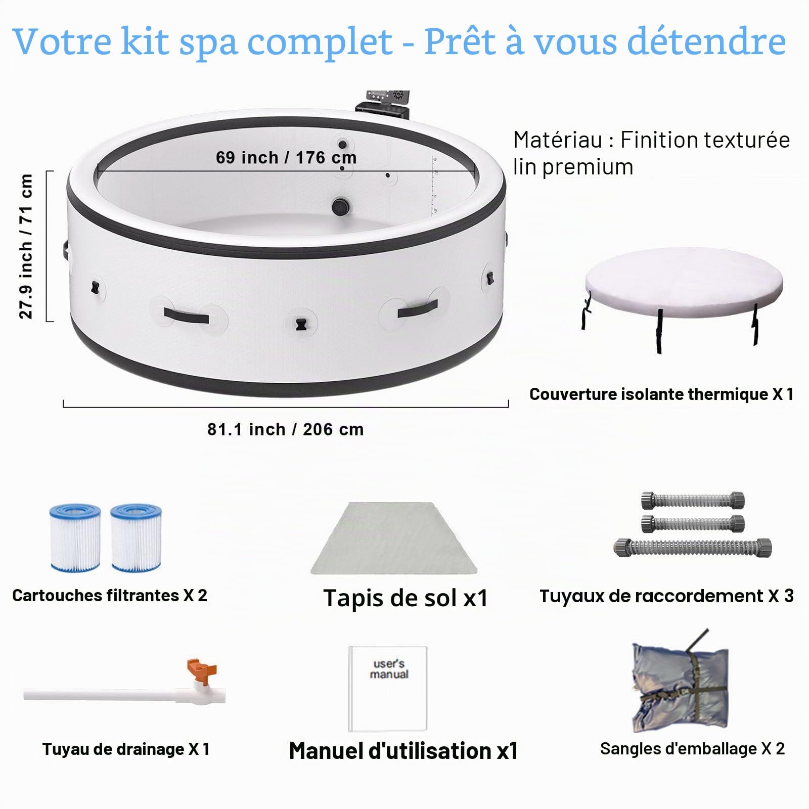 Spa Gonflable Tout-en-Un, Baignoire à Remous pour 4-6 Personnes avec Chauffage Économique et Jets à Bulles, Oasis Ultime pour Jardin, Incluant Couverture Isotherme et Éclairage LED L